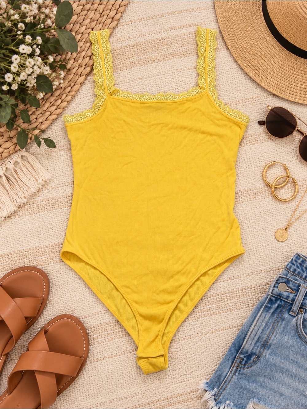 White Birch Sunshine Yellow Ribbed Lace Trim Tank Bodysuit XL